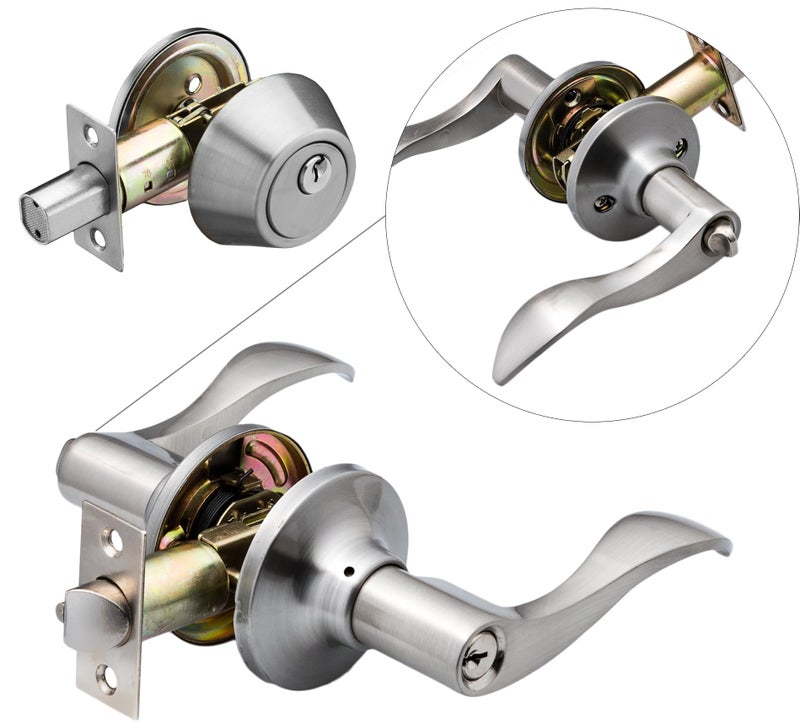 Berlin Modisch Entrance Lever Door Handle (for Office and Front Door) Reversible for Right and Left Side and a Single Cylinder deadbolt Set Keyed Alike Combo Pack Classic Series - Image 1